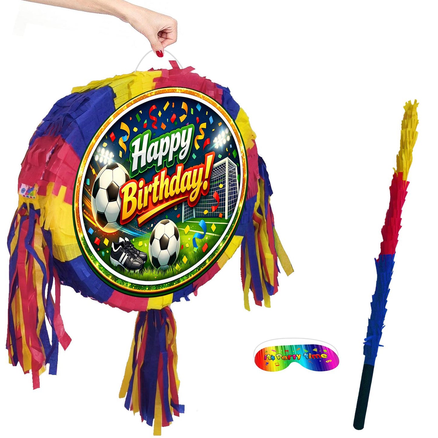 Football theme Pinata, Happy Birthday Soccer Party Game with Stick and Blindfold
