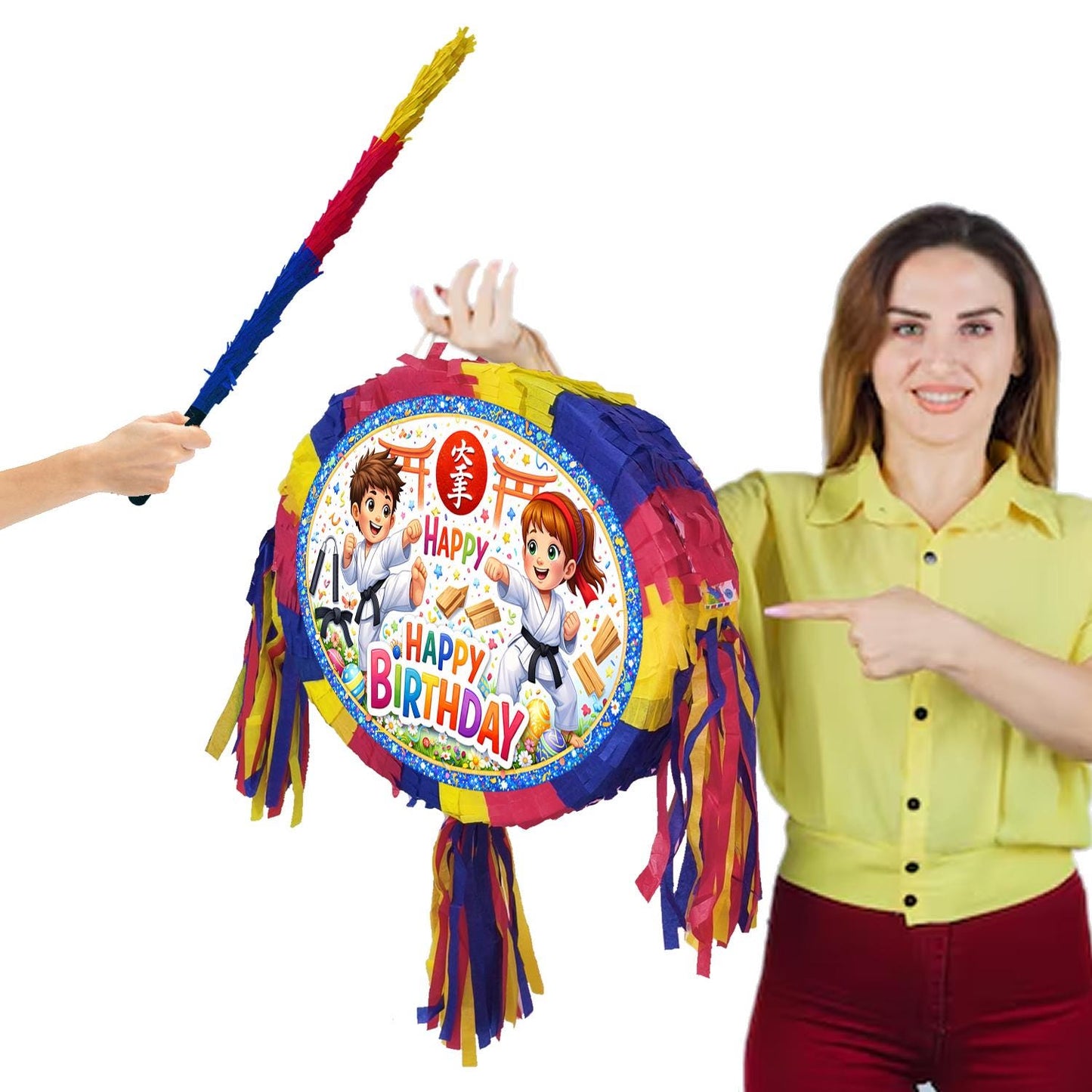 Karate theme Pinata, Happy Birthday Party Game with Stick and Blindfold