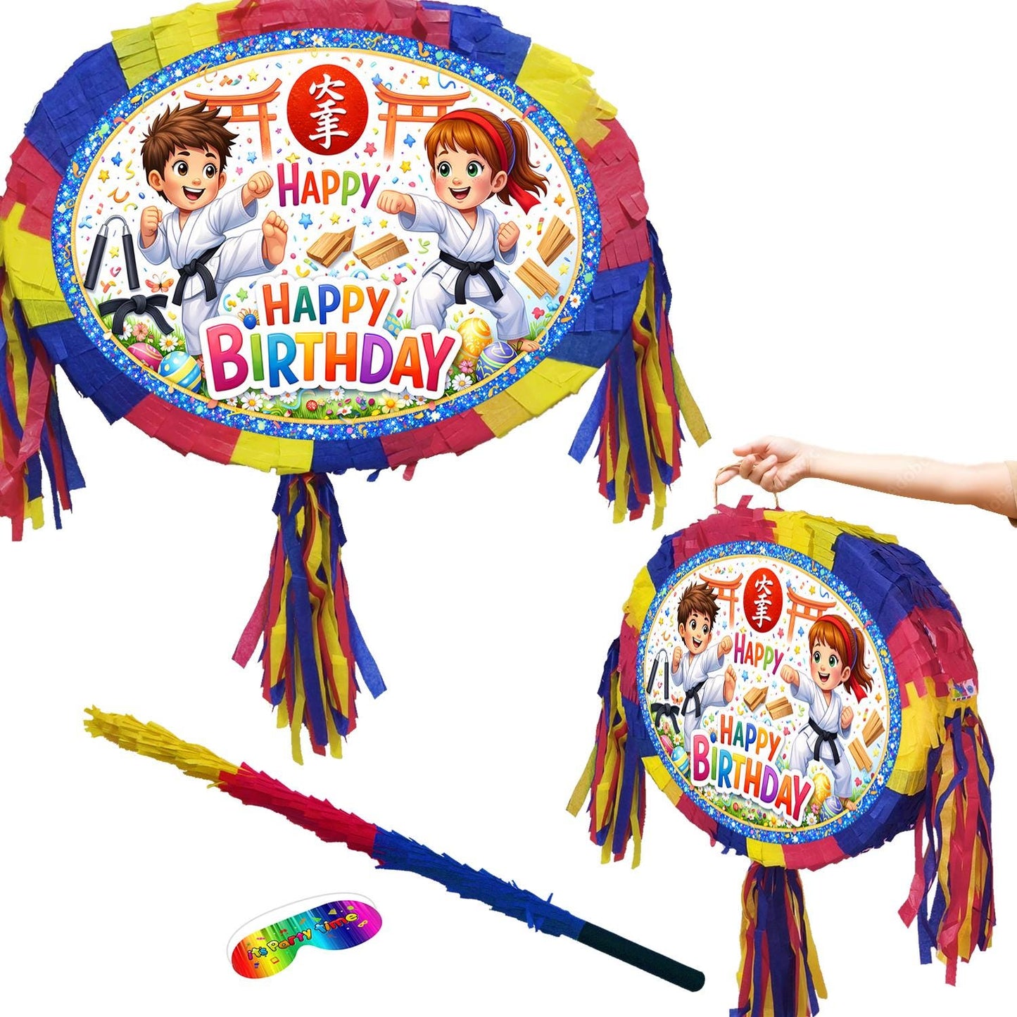 Karate theme Pinata, Happy Birthday Party Game with Stick and Blindfold