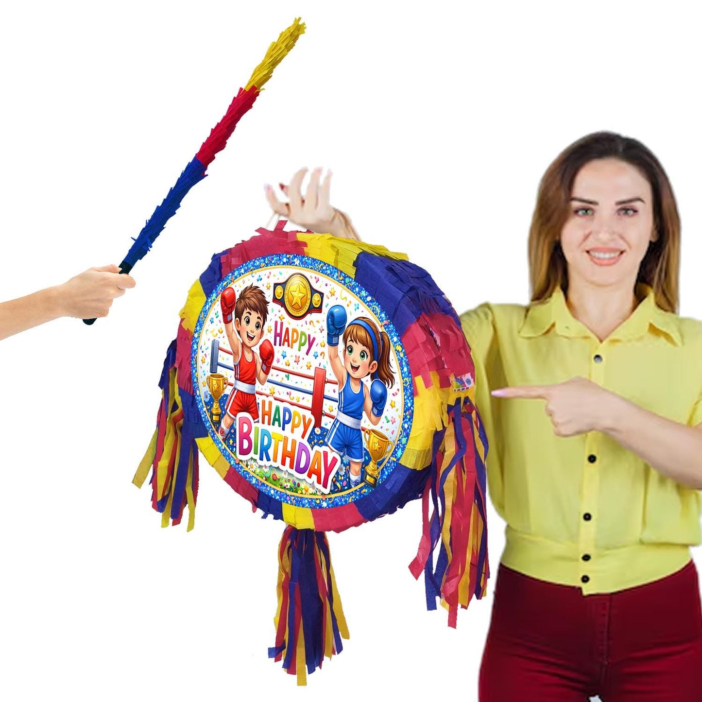 Boxing theme Pinata, Happy Birthday Party Game with Stick and Blindfold