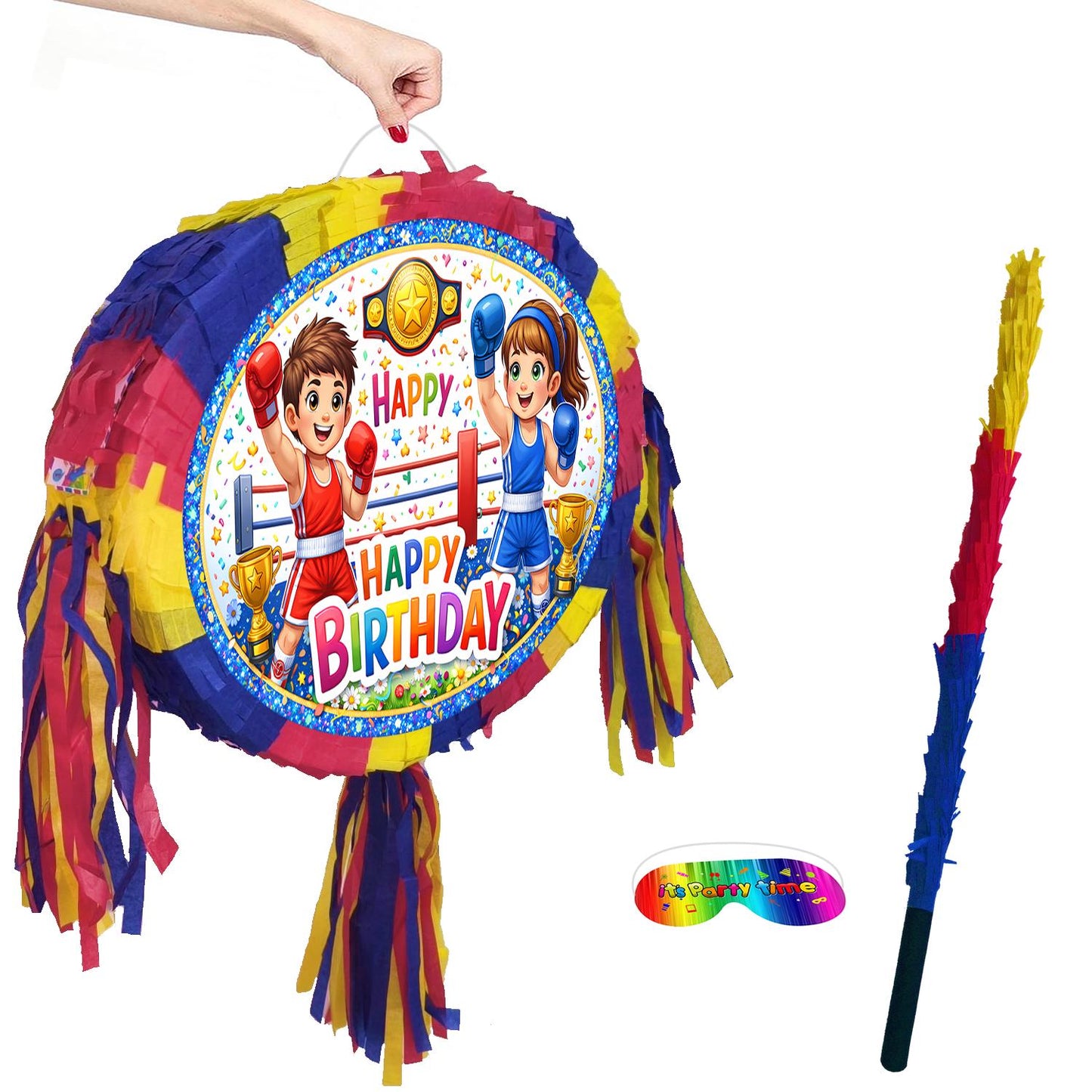 Boxing theme Pinata, Happy Birthday Party Game with Stick and Blindfold