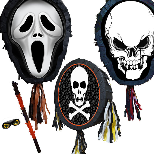 Skull Pinata with Stick and Blindfold, Halloween Party Game