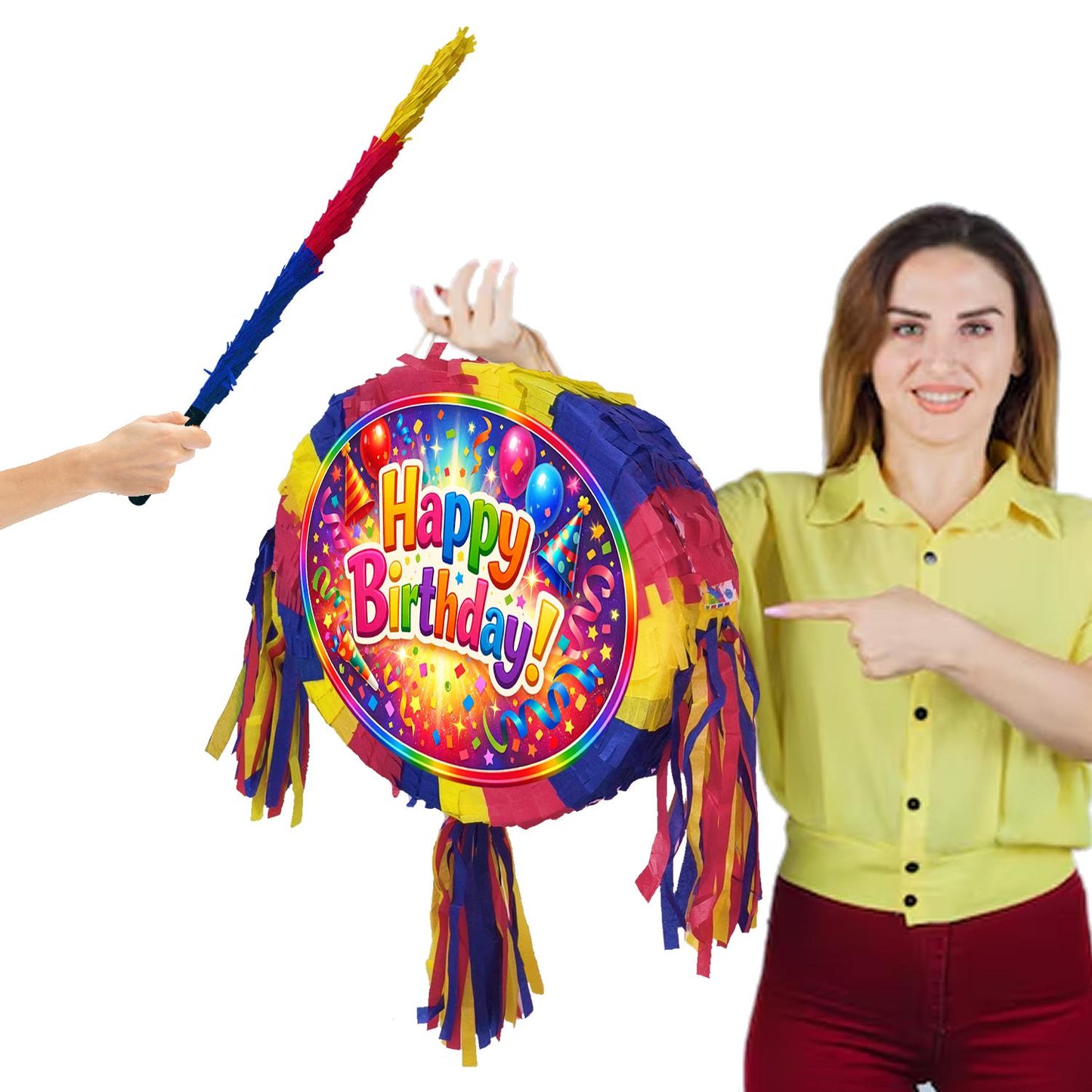 Happy Birthday colourful Pinata with Stick and Blindfold
