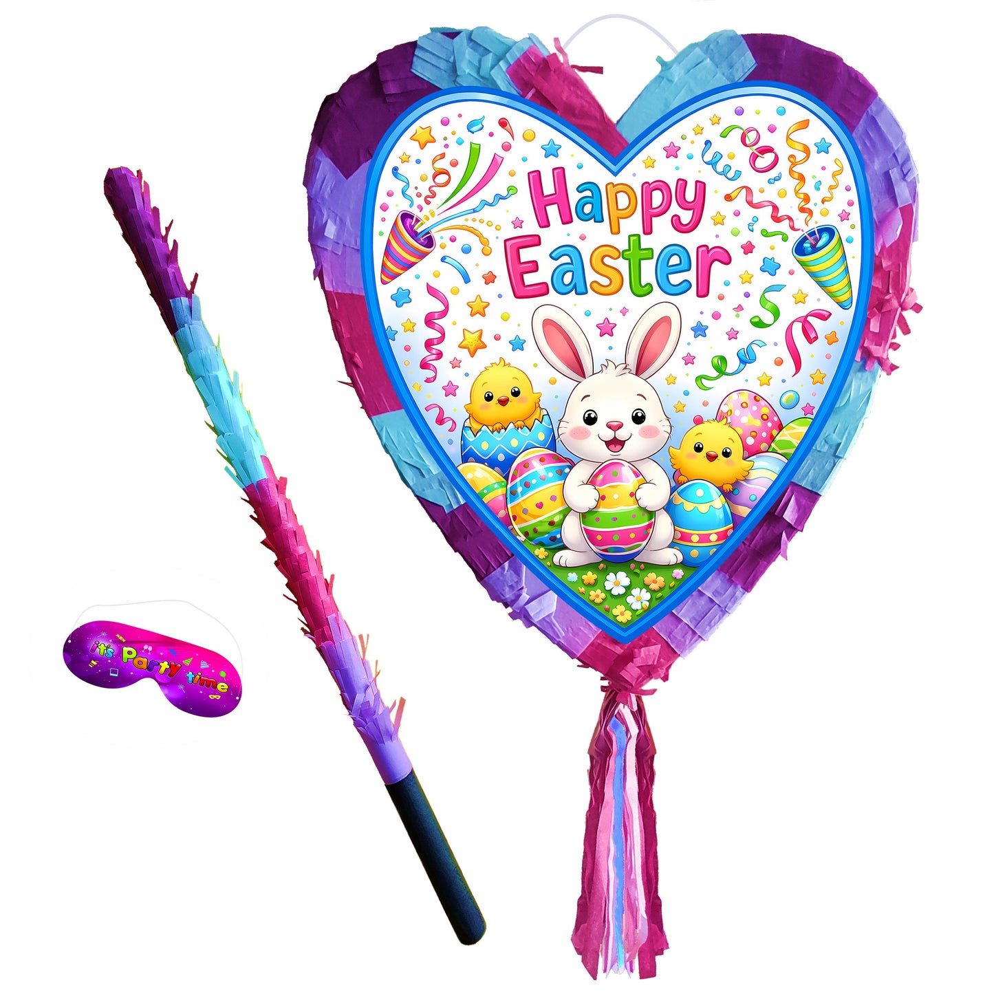 Easter Heart Pinata with Stick and Blindfold, for Party Game (Large 15x16 inch)
