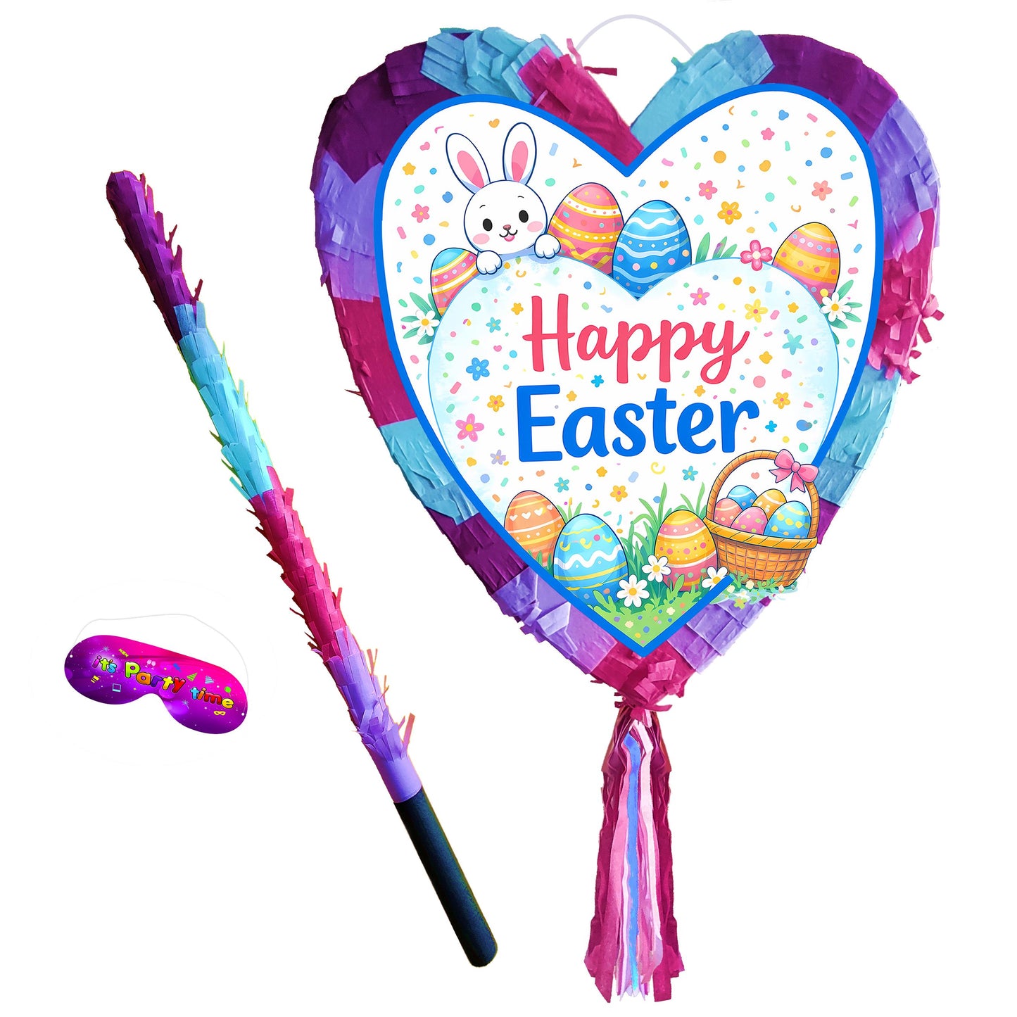 Easter Heart Pinata with Stick and Blindfold, for Party Game (Large 15x16 inch)
