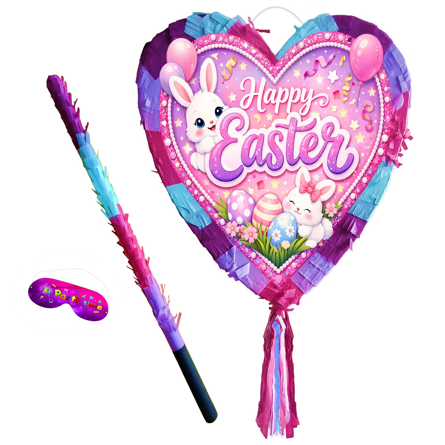 Easter Heart Pinata with Stick and Blindfold, for Party Game (Large 15x16 inch)
